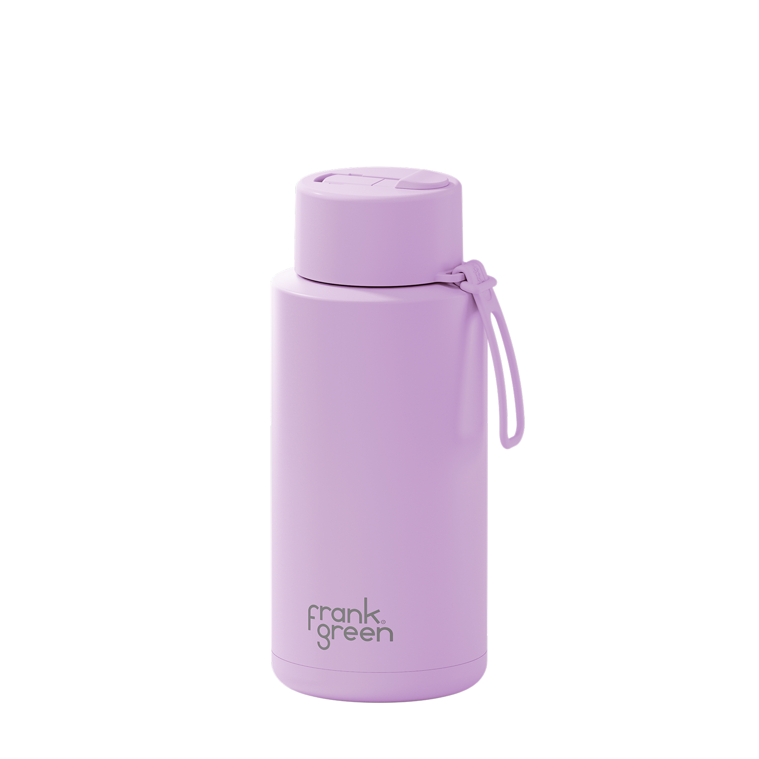A light purple insulated water bottle with a matching lid and carrying loop, featuring the 'frank green' logo near the bottom, set against a plain white background.