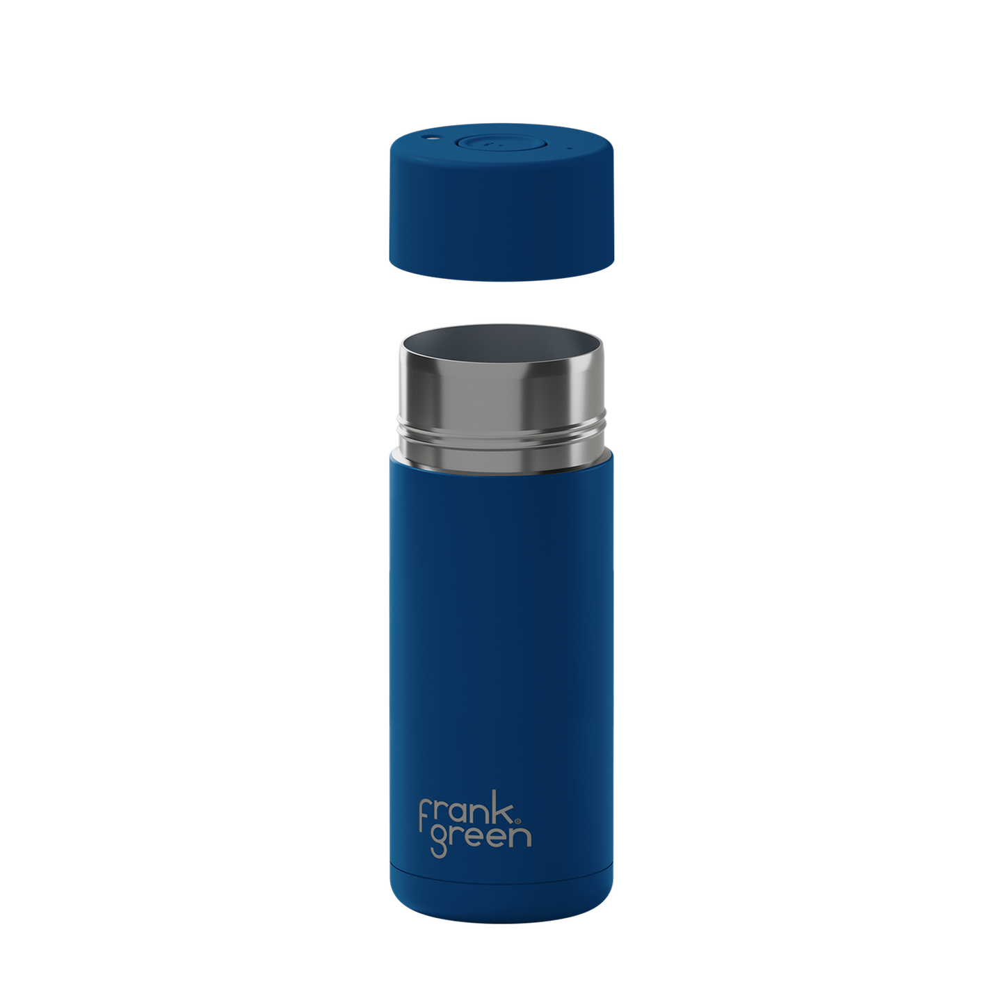 A blue vacuum-insulated travel tumbler with a matching blue cap floating above the open top, featuring a silver stainless steel rim and the 'frank green' logo near the bottom, shown on a plain white background.