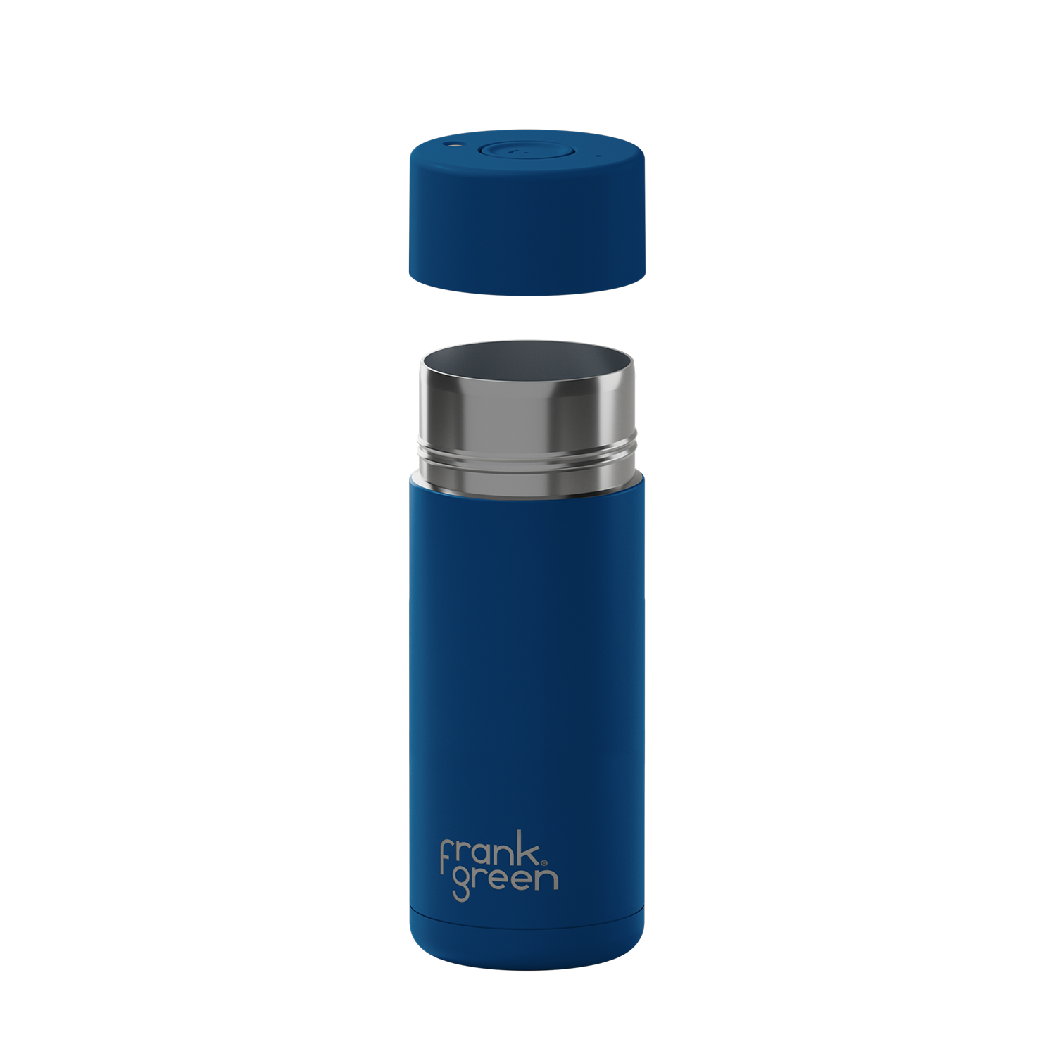 A blue vacuum-insulated travel tumbler with a matching blue cap floating above the open top, featuring a silver stainless steel rim and the 'frank green' logo near the bottom, shown on a plain white background.