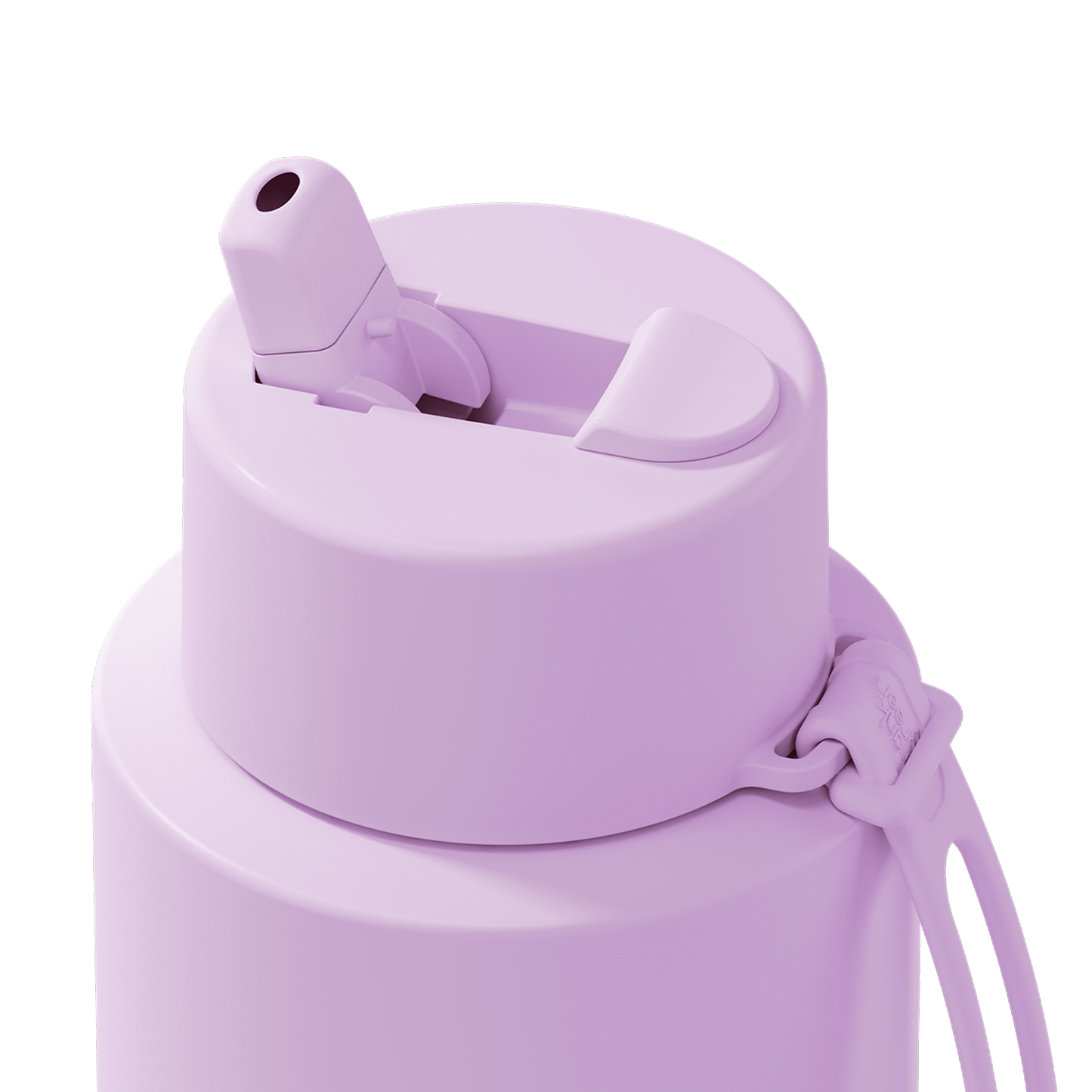 Close-up of a matte light purple water bottle lid with a flip-top straw opening and a matching carrying strap on a white background.
