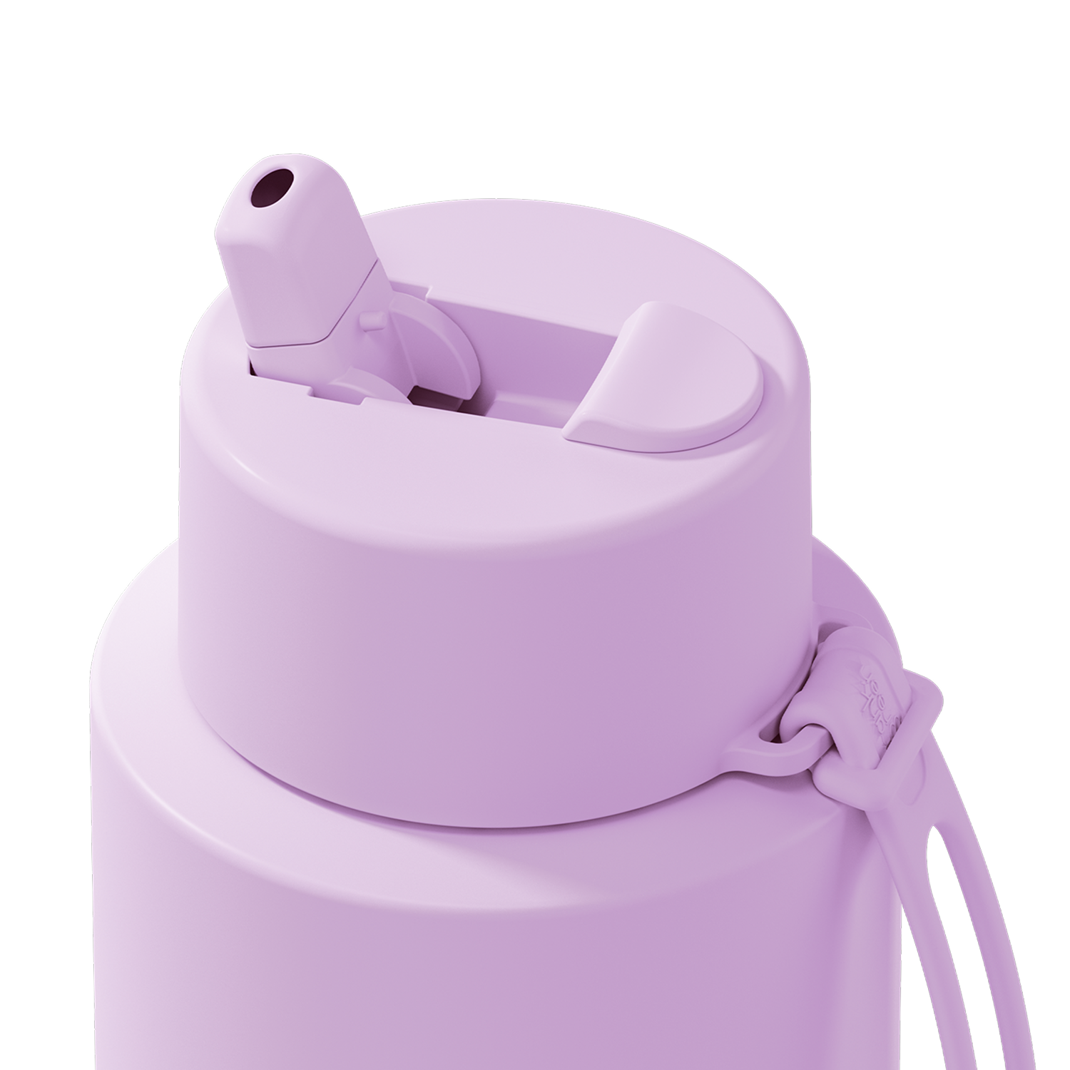 Close-up of a matte light purple water bottle lid with a flip-top straw opening and a matching carrying strap on a white background.