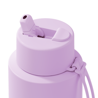 Close-up of a matte light purple water bottle lid with a flip-top straw opening and a matching carrying strap on a white background.