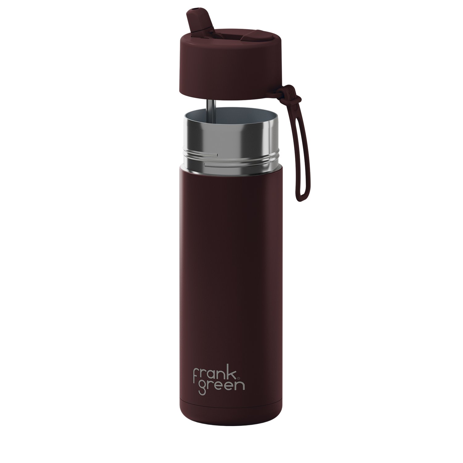 All A dark burgundy insulated water bottle with a stainless steel rim, a matching burgundy lid with a straw, and a wrist strap, featuring the 'frank green' logo near the bottom.