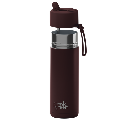 All A dark burgundy insulated water bottle with a stainless steel rim, a matching burgundy lid with a straw, and a wrist strap, featuring the 'frank green' logo near the bottom.