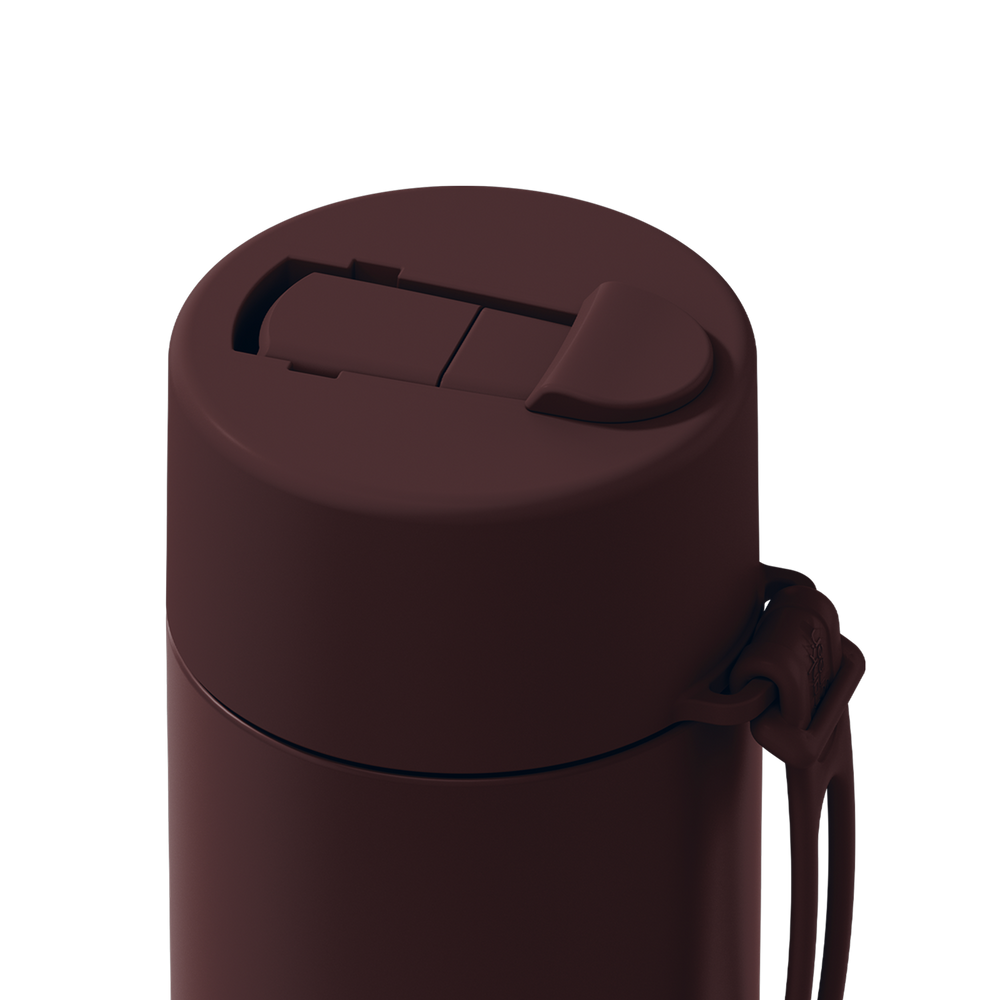 Close-up of a dark brown insulated bottle lid with a flip-top spill-proof design and a matching carrying loop, shown on a solid white background.