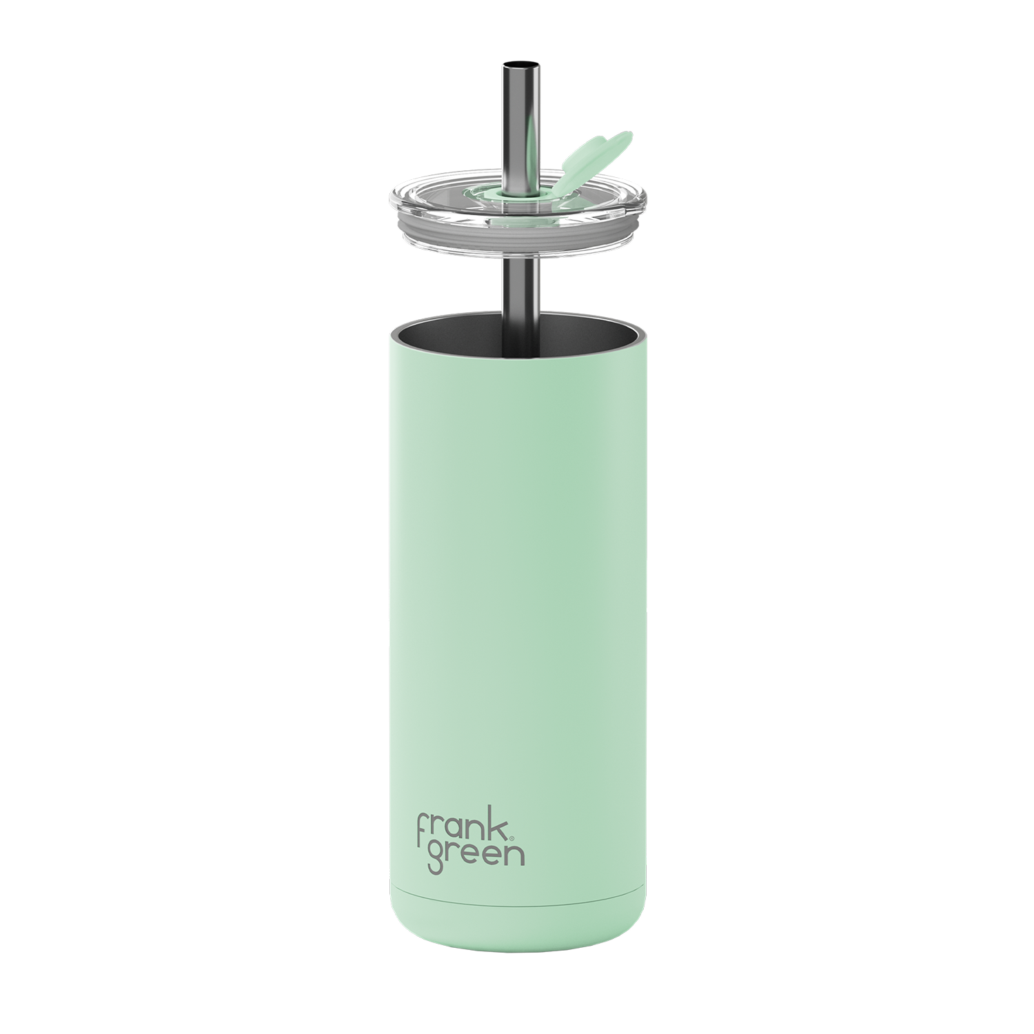 A mint green insulated travel tumbler with a matching straw lid and clear glass straw, featuring the 'frank green' logo near the bottom, set against a plain white background.