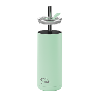 A mint green insulated travel tumbler with a matching straw lid and clear glass straw, featuring the 'frank green' logo near the bottom, set against a plain white background.