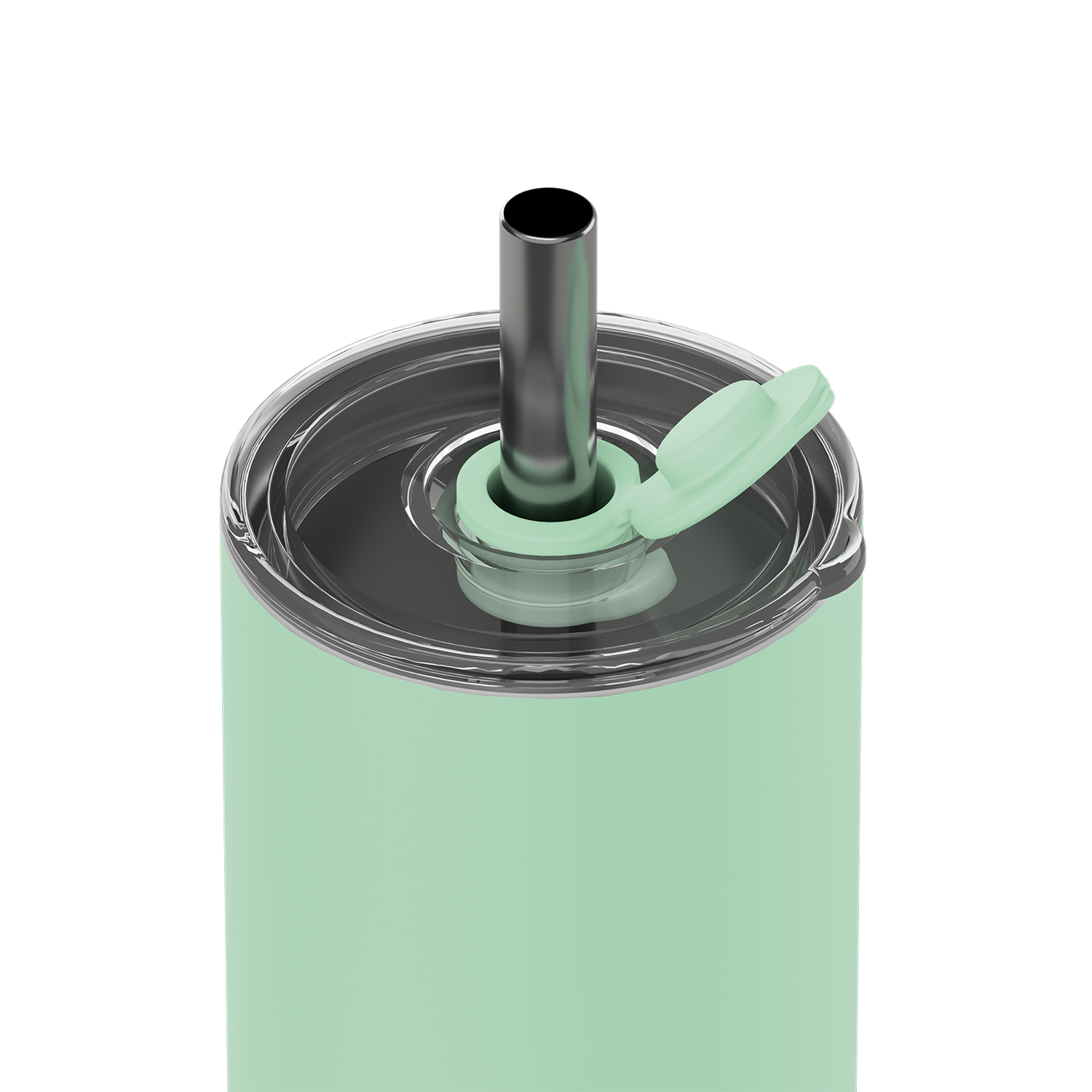 A mint green insulated tumbler shown from the top, featuring a clear lid with a dark metallic straw and a matching mint green flip-up straw cap, isolated on a white background.
