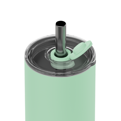 A mint green insulated tumbler shown from the top, featuring a clear lid with a dark metallic straw and a matching mint green flip-up straw cap, isolated on a white background.