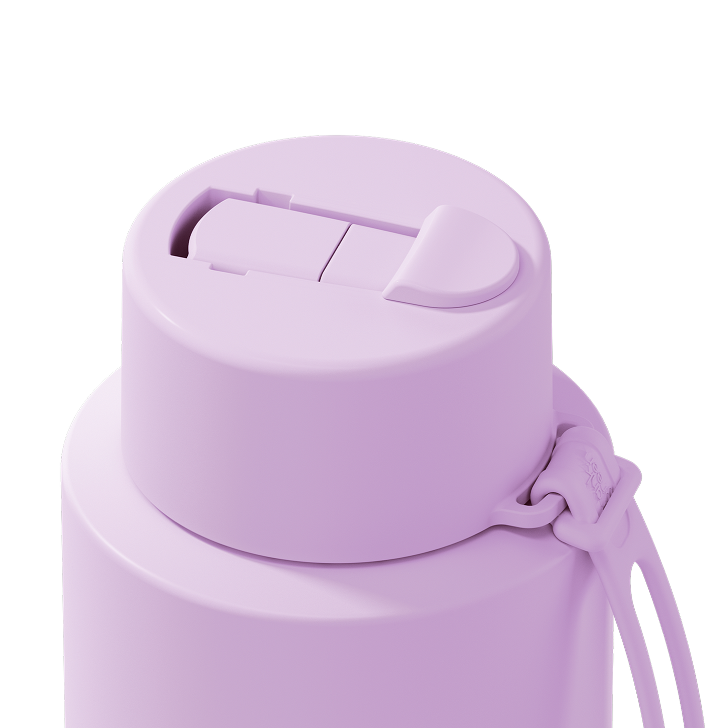 Close-up of a matte light purple insulated water bottle lid with a flip-top straw opening and a matching carrying strap on a white background.