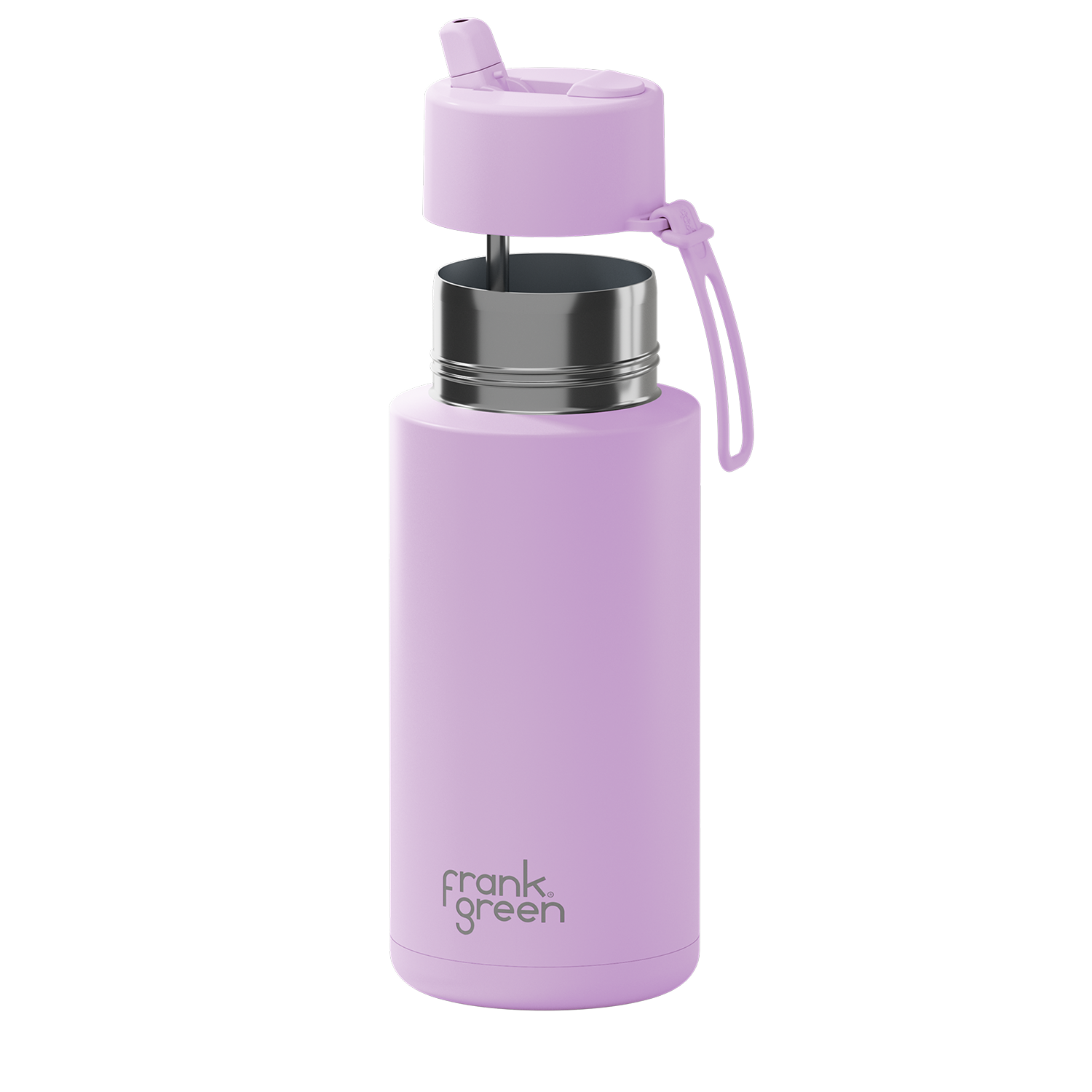 A light purple insulated water bottle with a matching purple lid and carry loop, featuring a stainless steel rim and the 'frank green' logo near the bottom, set against a plain white background.