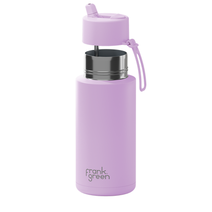 A light purple insulated water bottle with a matching purple lid and carry loop, featuring a stainless steel rim and the 'frank green' logo near the bottom, set against a plain white background.