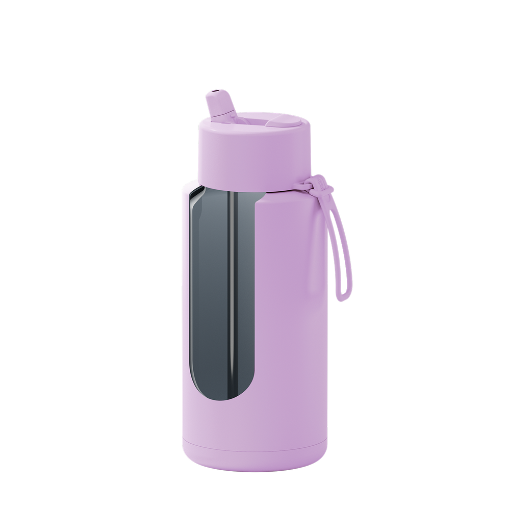 A light purple insulated water bottle with a matching purple lid and carrying loop, featuring a dark gray reflective window on the side, shown against a plain white background.