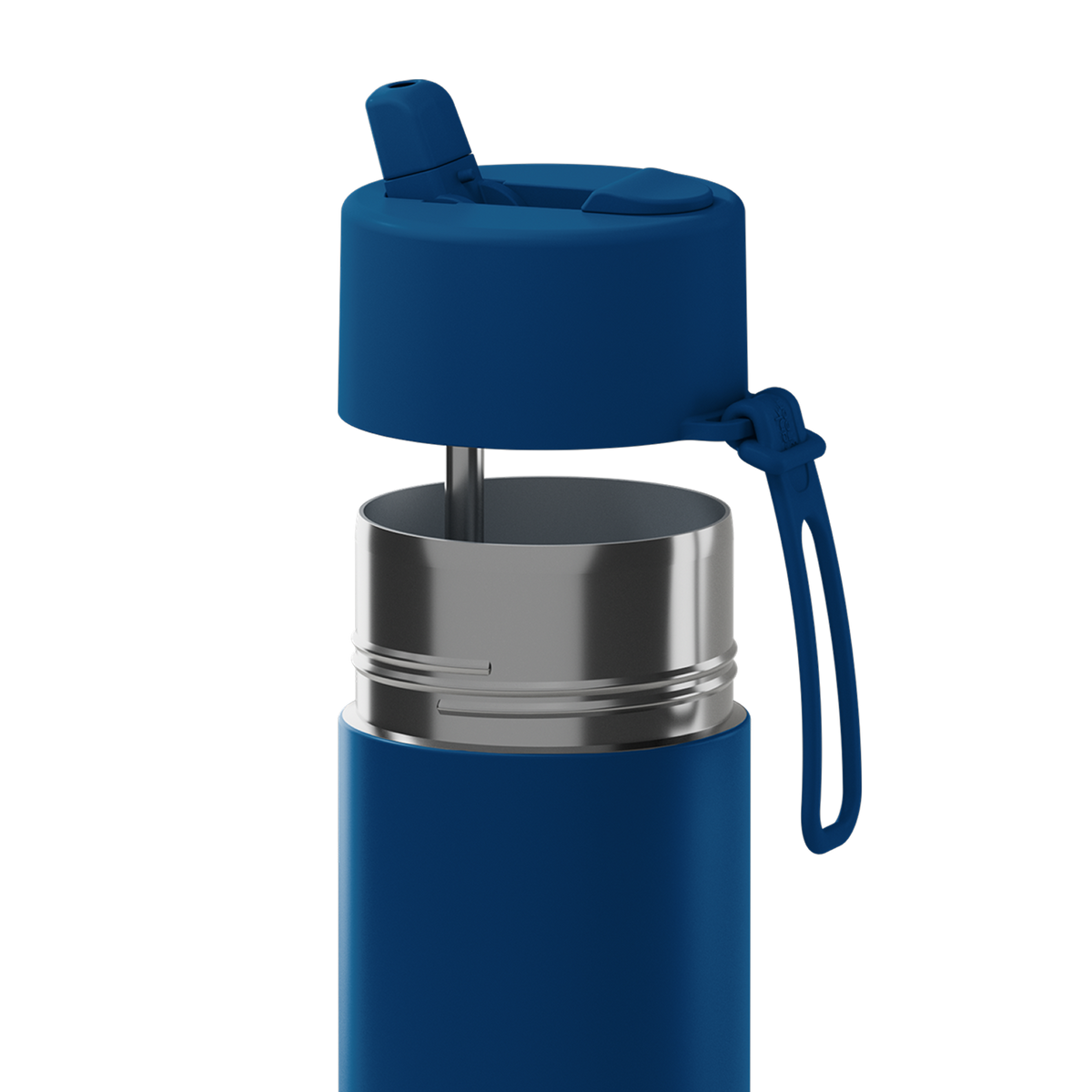 A close-up of a blue insulated bottle with a stainless steel rim and a matching blue cap and loop, shown on a plain white background.