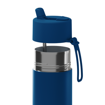 A close-up of a blue insulated bottle with a stainless steel rim and a matching blue cap and loop, shown on a plain white background.