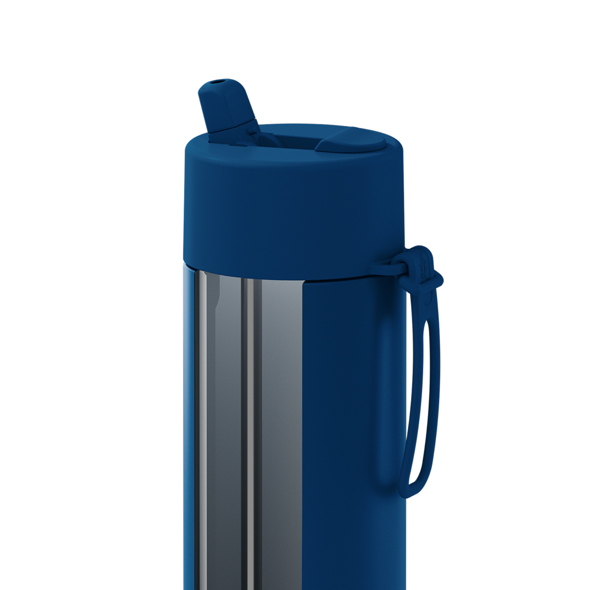 A close-up of a travel tumbler with a dark blue silicone lid, carrying loop, and handle, paired with a brushed stainless steel body, shown on a solid white background.