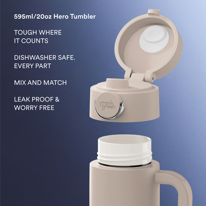A beige insulated tumbler with its flip-top lid open, shown alongside a close-up of the handle and interior. White text on the left reads '595ml/20oz Hero Tumbler' and lists product benefits like dishwasher safe, leak proof, and mix and match.