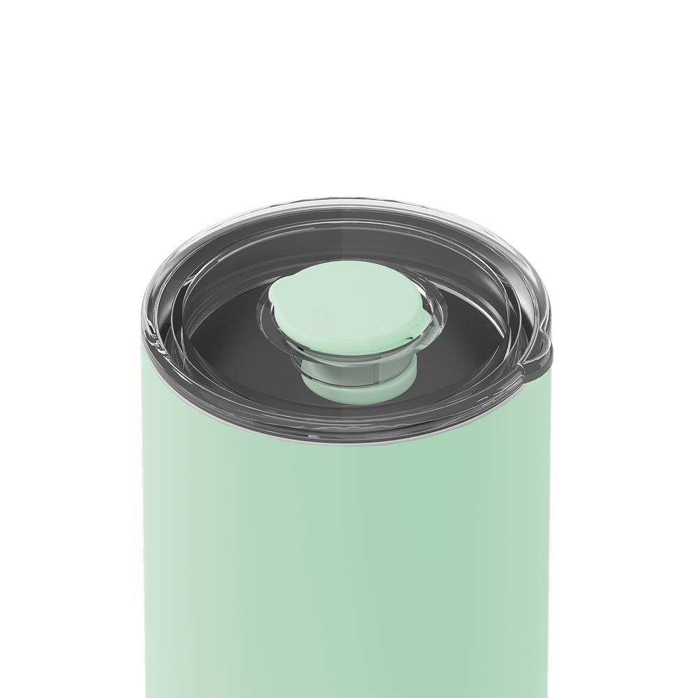 Close-up of a mint green insulated container with a clear lid and a matching mint green flip-top spout, shown on a white background.