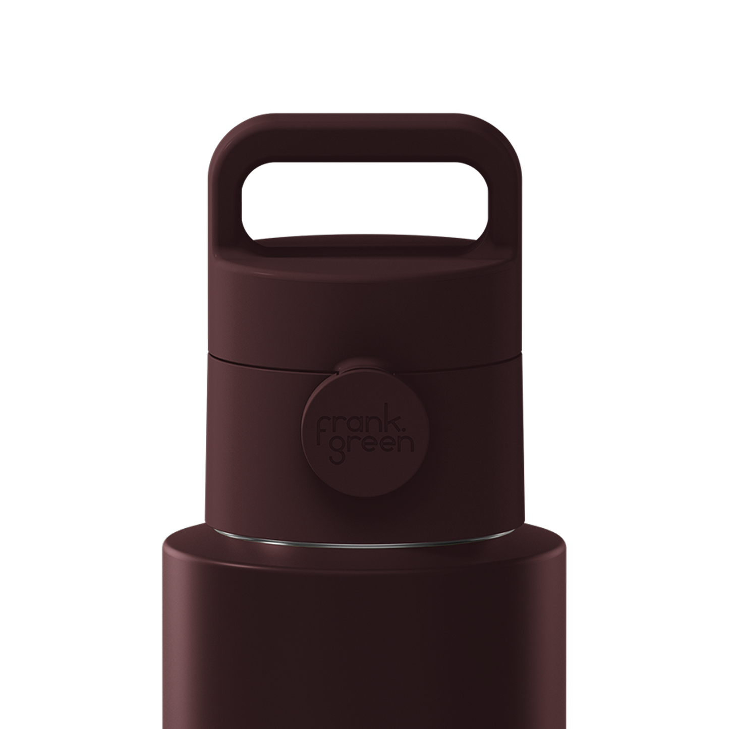 Close-up of a dark brown insulated bottle lid with a carry handle and a circular Frank Green logo, shown on a plain white background.