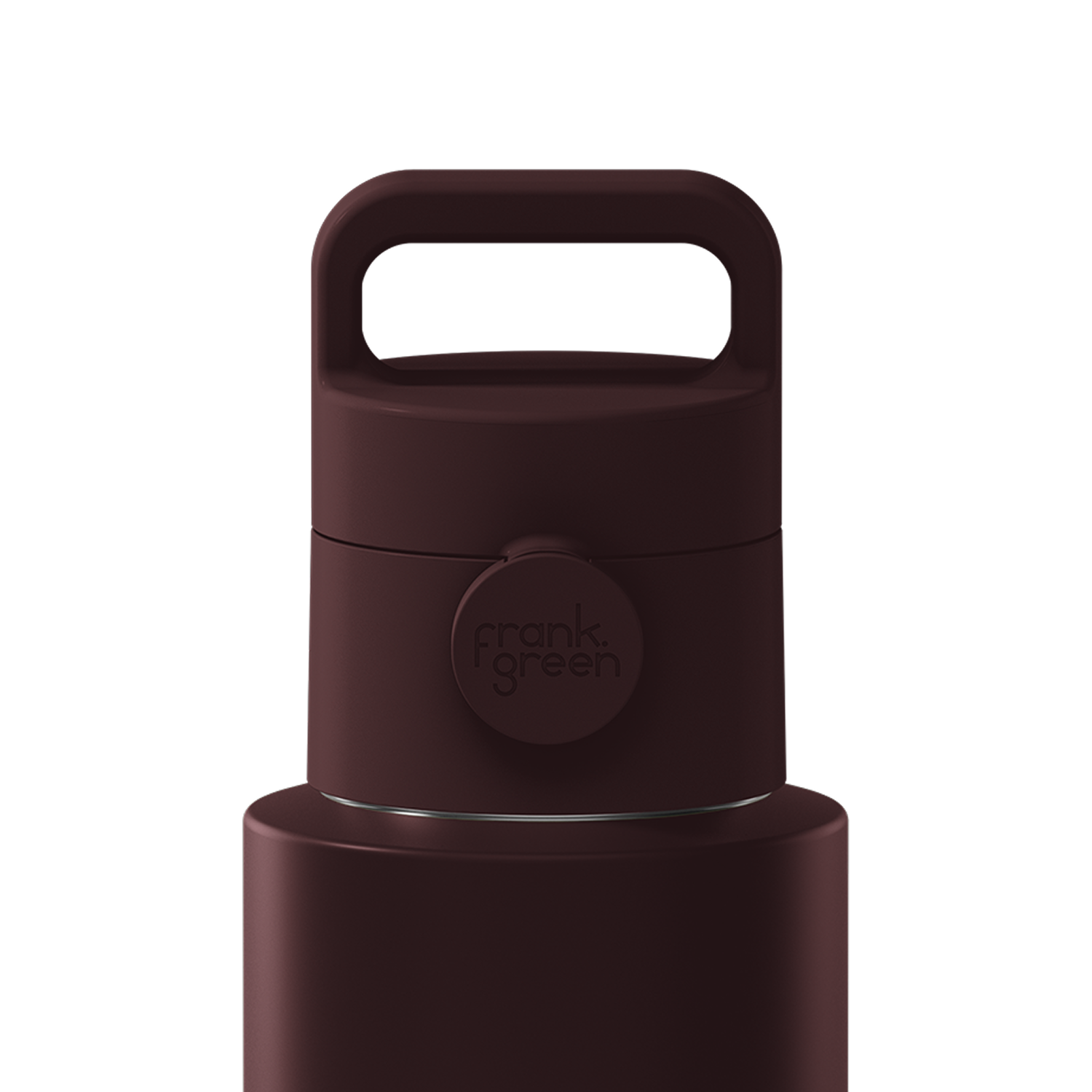 Close-up of a dark brown insulated bottle lid with a carry handle and a circular Frank Green logo, shown on a plain white background.